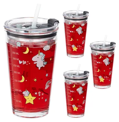 4 Trinkgläser Einhorn-Design 450 ml mit Deckel & Strohhalm