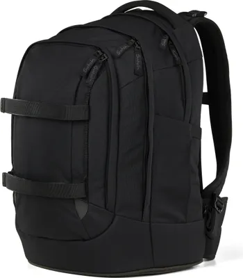 A black satch Pack backpack shown from a three-quarter front angle against a white background.