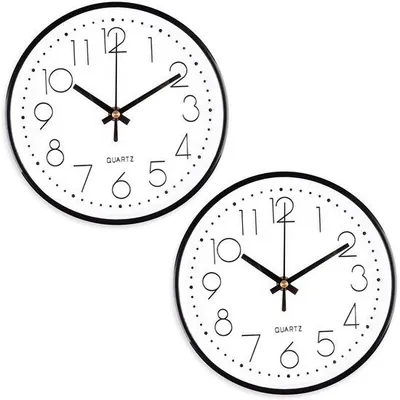 Produktbild von 2er Set runde Quarz-Uhr 20 cm, taktlos, modern, schwarz, weiß, für Büro, Wohnzimmer, Schlafzimmer, Küche, Schule, Kinderzimmer