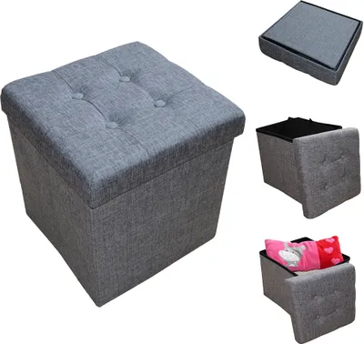 Produktbild von Style home Sitzhocker Sitzbank mit Stauraum, Faltbare Sitztruhe Fußbank Aufbewahrungsbox Polsterhocker, Leinen, 38 * 38 * 38 cm (Grau)