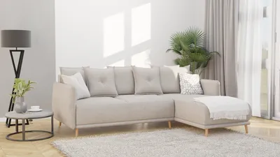 Produktbild von S-STYLE MÖBEL -Radiant - Ecksofa mit Schlaffunktion und Bettkasten in scandinavischem Design mit Holzfüßen aus Beige Luxusmicrofaser - Ottomane rechts