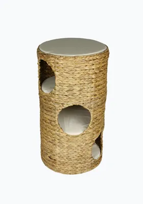 Produktbild von animal-design Katzentonne ca. 70 cm Katzenbaum NATUR aus Wasserhyazinthe mit 3 x kuschelige Katzenhöhle (3 Etagen) und 1 Liegefläche, 4 weichen Kissen