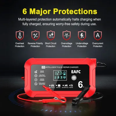 Image de Chargeur de batterie automatique, écran LCD, fonction de réparation automatique, 12V, 6A, modèle européen
