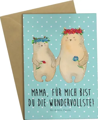 Produktbild von Mr. & Mrs. Panda Grußkarte Bären mit Blumenkranz - Türkis Pastell - Geschenk, osterkarte, valentinstagskarte, osterkarten, hochzeitskarten, Muttertag, Tochter, Mutter