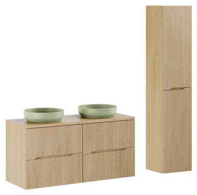 Obrázok produktu pre Kúpeľňový set 120 cm s umývadlovou doskou, 2 umývadlami, skrinkou a vysokou skrinkou