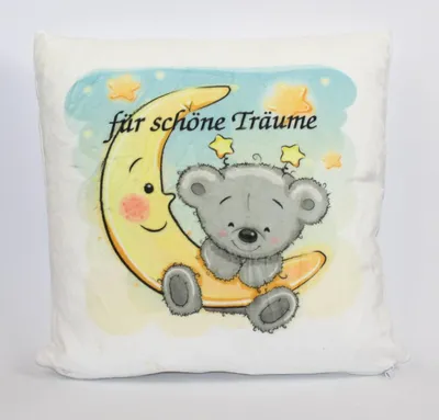 Produktbild von flauschiges Kuschel Kissen Motiv Mond Sterne und Bär, 40 x 40 cm