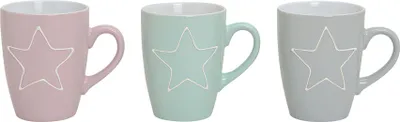 Produktbild von 3er Set Becher 300ml Stern Keramik Pastell Rosa Grün Grau Kaffeepott Tasse