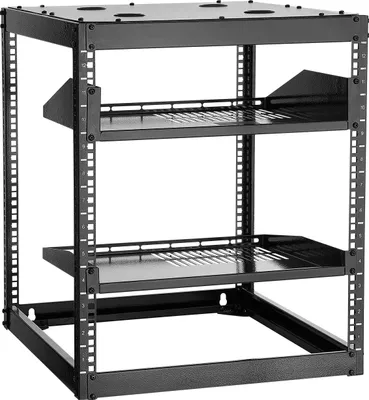 Zdjęcie produktu dla Szafa sieciowa VEVOR 12U Open Frame, głębokość 585 mm, do montażu naściennego lub jako samodzielna szafa serwerowa, konstrukcja 4-słupkowa, z wentylowanymi półkami i akcesoriami montażowymi, do sieciowych urządzeń IT i sprzętu AV