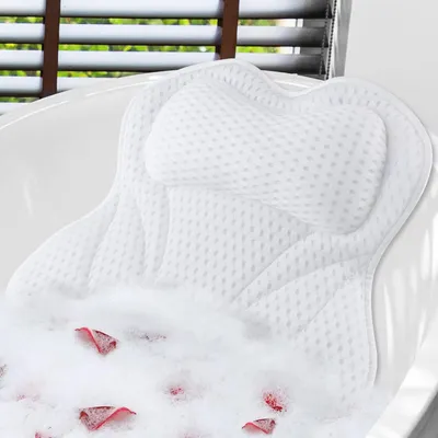 Imagen del producto de Almohada de cuello 4D de malla, con 6 ventosas, para bañera, que proporciona soporte para el cuello y los hombros