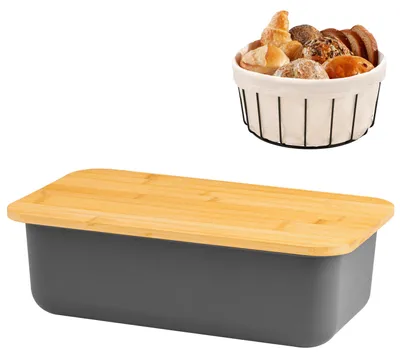 Productafbeelding van Bremermann brooddoosset in grijs met bamboe deksel, snijplank en broodmand.