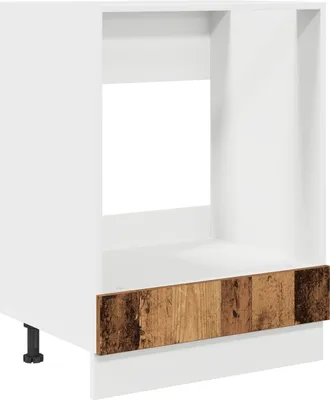 A white kitchen cabinet with a decorative wooden front panel and a black leg.