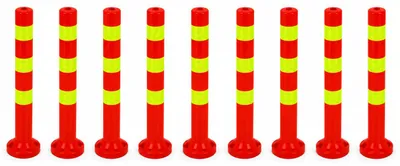 Immagine prodotto di set di 9 - Paletti di sbarramento [altezza-68 cm] - Paletti di sbarramento in plastica riflettente | Barriera con base [fissaggio con viti] | Supporti di sbarramento | Paletti per parchi di colore rosso | Paletti delineatori | Dissuasori