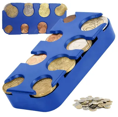 Immagine prodotto di Distributore di monete Euro per auto, colore blu, in plastica, con 8 scomparti, portamonete e contenitore per monete
