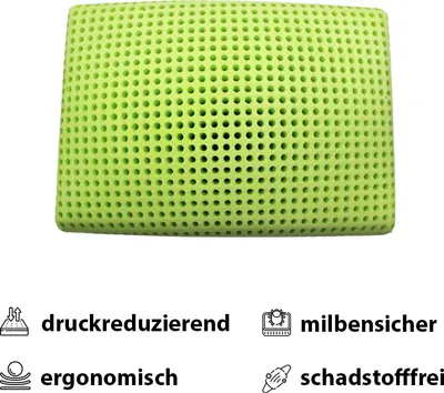 A green pillow with many small holes, shown from the front, with descriptive text and icons below.