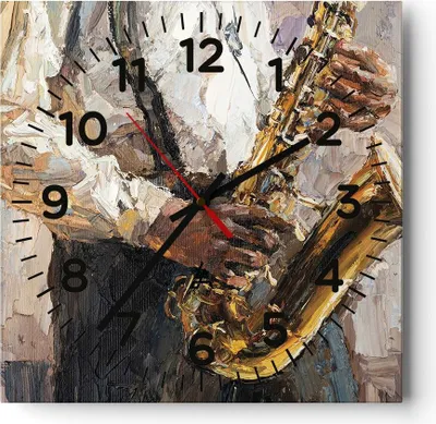 Produktbild von Wanduhr - Quadrat - Glasuhr - Saxophon Öl Musiker - 30x30cm - Schleichendes Uhrwerk - Lautlos - zum Aufhängen bereit - Dekoration Modern - Wanddekoration aus Glas - C4AC30x30-4808