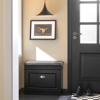 An entryway scene with a shoe cabinet, a door, and a framed picture on the wall.