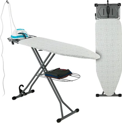 Obrázok produktu pre Žehliaca doska Relaxdays pre parné žehličky, 115 x 39 cm, s nastaviteľnou výškou, skladateľná, žehliaca stanica a odkladacia plocha, biela/strieborná