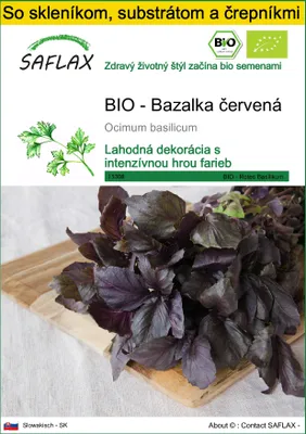 Obrázok produktu pre SAFLAX Kultivačný set - BIO - Bazalka červená - Ocimum basilicum - 400 Semená - S mini skleníkom, pestovateľským substrátom a 2 črepníkmi