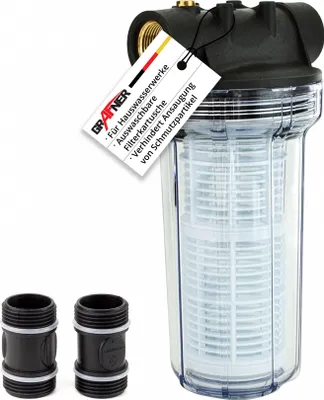 Produktbild von Grafner Vorfilter für Hauswasserwerke und Gartenpumpen, mit Filtereinsatz, lange Ausführung, 1“ IG und 2x 1“ AG Adapter, 5,5 bar, 6000 l/h, Filter Pumpe