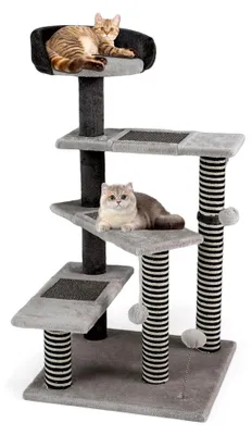 Produktbild von Kratzbaum Hundetreppe, 93 cm, Katzentreppe mit Jute-Kratzpfosten, 3 Plattformen, Sisal-Kratzmatten & Liegebett, bis 15 kg, Tiertreppe für Bett Sofa Couch, für kleine alte Katzen und Hunde, Grau