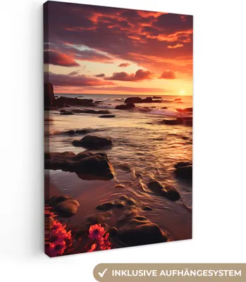 Produktbild von MuchoWow® - Leinwandbilder - Strand - Sonnenuntergang - Blumen - Felsen - Meer, Wandbild, Wanddeko Bilder Wohnzimmer, 40x60 cm