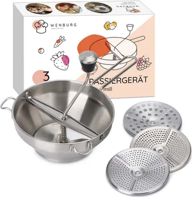Produktbild von DS Produkte Passiergerät Edelstahl, 19,5 cm, 3 Siebeinlagen, spülmaschinenfest, leichtgängig, geschmacksneutral, für Kartoffelpüree, Obstmus, Soßen, Babybrei