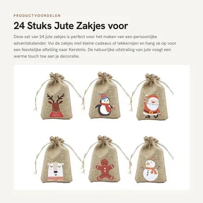 Produktbild von Adventskalender mit 24 Teilen – Jutebeutel – DIY – Weihnachtliche Geschenkbeutel – Kordelzug – Bunte Designs – Geschenkbeutel