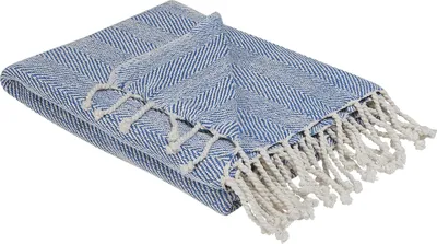 A folded blue and white striped blanket with tassels.