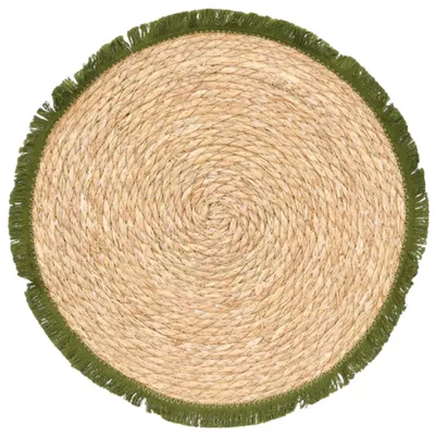 Image de KINVARA, sets de table, sous-verres, 38 cm, style bohème, beige et vert, avec franges, ronds, décoration de table, articles de décoration