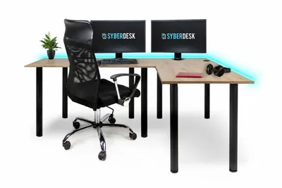 Produktbild von SyberDesk LED Gaming Eckschreibtisch 197 x 132 cm, L-Form, USB-Hub, RGB-LED, Kabelmanagement, Artisan Eiche, rechts