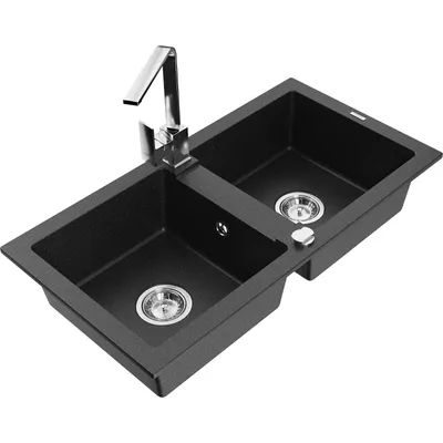 Obrázek produktu pro Mexen Mario 2-miskový granitový dřez s kuchyňskou baterií Rita, Černá/Stříbrná kovová - 6504-73-670300-00