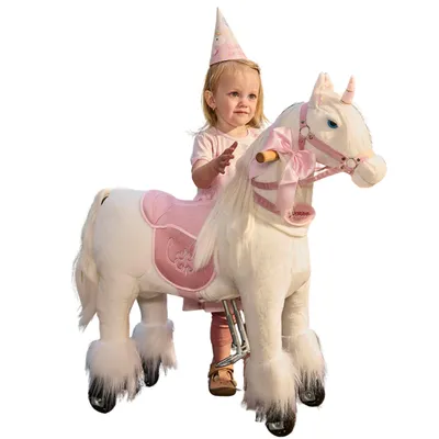 Produktbild von Ponnie Einhorn mit Rollen für Kinder Merlin S - Reittier auf Rollen mit rosa Sattel - Weiß