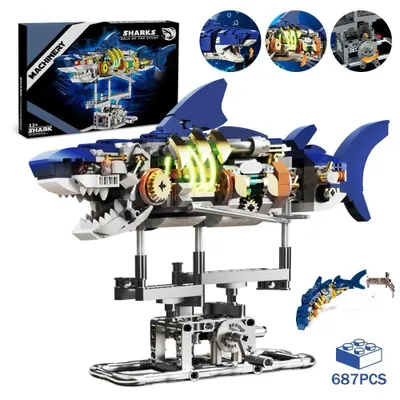 Produktbild von Technik Hai Bauspielzeug mit Schwenkbarem Körper & Licht, 687 Stück Bausteine