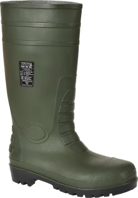 A green rubber boot on a white background.
