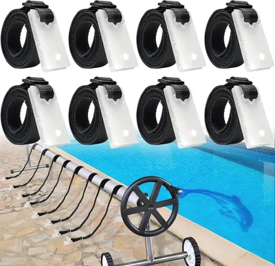Produktbild von 8er Set Befestigungsbänder und Klammern für Poolabdeckungen, Ersatzteile für Aufrollsystem, flexibel kürzbar, 1,80m Haltebänder
