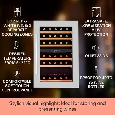 Obrázek produktu pro Klarstein vinotéka 2 zóny, 132L, vestavná, slim, skleněné dv., 5-22°C, 35 lahví