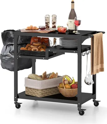 Produktbild von GOPLUS Grillwagen, Grilltisch Outdoor mit Griff, Ablagen, Haken & Rollen, multifunktionaler Pizzatisch beweglich, BBQ Servierwagen für den Außenbereich (4 Ablagen)
