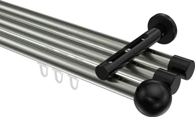 Produktbild von Interdeco Innenlaufstange / Gardinenstange mit Innenlauf Edelstahl-Optik / Schwarz, Typ Siteno Luino (Kugel), 20 mm Ø 3-läufig, 120 cm