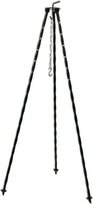 A black metal tripod stand with a chain and hook hanging from the center.