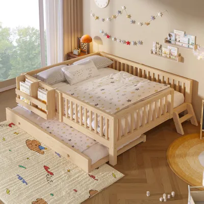 Productafbeelding van Houten platformbed 140x200, met beschermingsreling, multifunctioneel bed, veelzijdig (Gebroken wit)