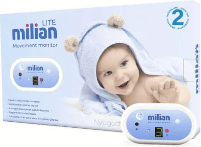 Product packaging for a baby movement monitor, featuring a baby wearing a hooded towel.