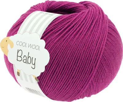 A ball of fuchsia-colored yarn with a label attached.