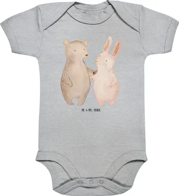 Produktbild von Mr. & Mrs. Panda Babybody Bär und Hase Umarmen 3. - 6. Monat - Heather Grey - Geschenk, BFF, overall baby, Freunde, für Immer, Strampler, Einteiler, kurzarm, Freundin