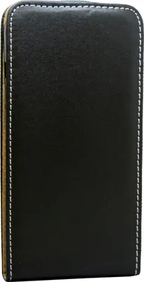 A black flip case for a smartphone, shown closed and standing upright.