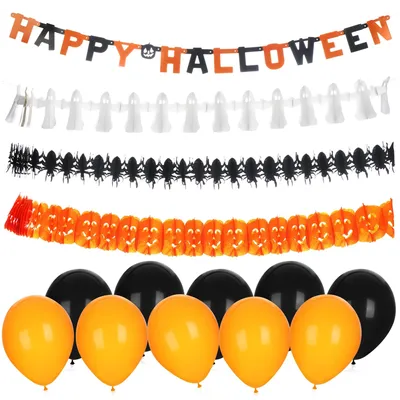 Produktbild von COM-FOUR® 14-teiliges Set aus Girlanden, Luftballons und Buchstabengirlande, Hängedeko-Set für Halloween, Geburtstag, Motto-Party