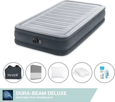 Produktbild von Intex Luftbett - 1 Person - 99 x 191 x 33 cm - Grau - Mit eingebauter Pumpe, Spannbettlaken Anthrazit, Kopfkissen, Molton 2 in 1 Kissenbezüge en Reperaturset