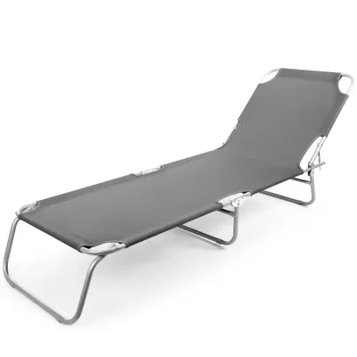A gray folding lounge chair with a metal frame, shown against a white background.