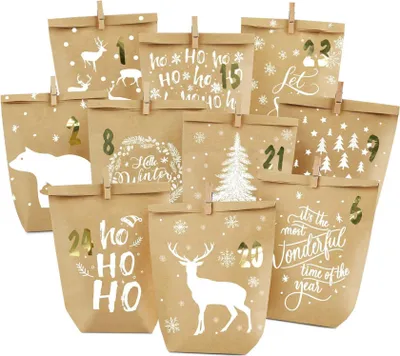 Produktbild von Adventskalender Tüten zum Befüllen Weiß Weihnachten mit 24 Aufklebern - DIY Kraftpapiertüten für Kinder Erwachsene