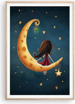 Produktbild von Gerahmtes Poster - Rahmen in heller Eiche - Kinder Mädchen Mond - 70x100 cm - Wand Bild - Wanddeko - Wandbilder - Kunstposter - Wandposter - Bilderrahmen - Bilder - Kunstdruck - P2NPA70x100-4683