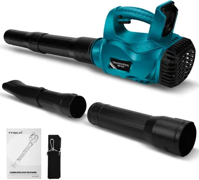 A teal and black cordless leaf blower with accessories and a manual, displayed on a white background.